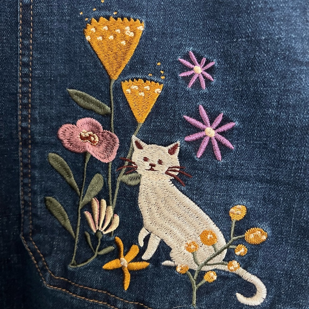 Denim Embroidered Floral Cat Overall